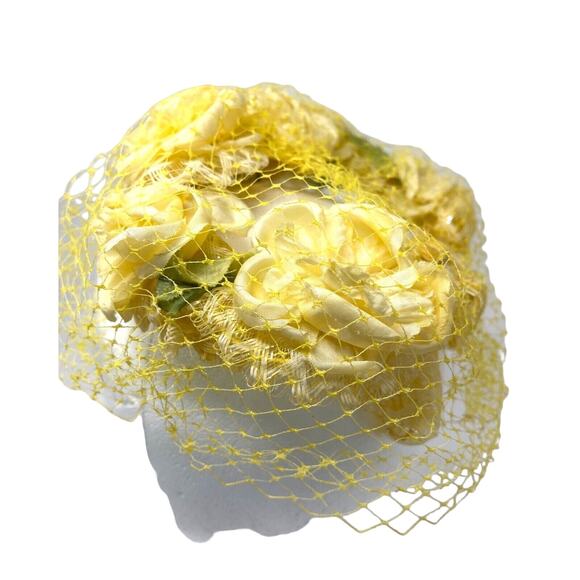 Yellow Silk Floral Hat Veiled Half Hat Fascinator Derby Vintage 50s 60s‎ - Picture 5 of 5